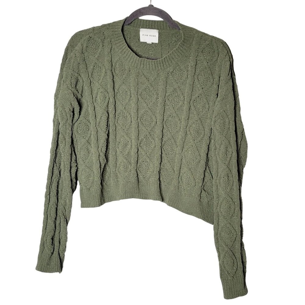 Pink Rose Womens Green Cable Knit Cropped Sweater L‎ Casual Cozy